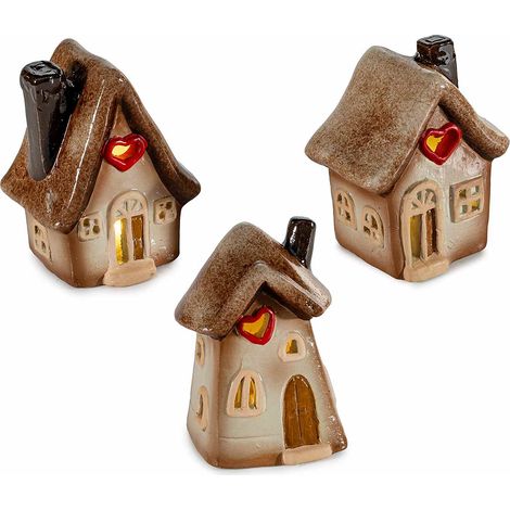 Casette decorative in ceramica con finestra a cuore e luci LED, set da 3 pezzi, cm 7,5 x 7,5 x 10,5 H