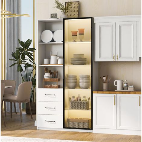 Vitrina LED (80x40x160 cm), con puerta de cristal templado, 3 cajones y 3 estantes abiertos, tablero de partículas blanco (1/5)