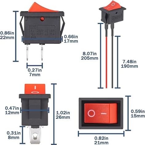 Switch with Wiring and Mini Toggle Switches ON OFF Pin Push Button Volts AC SPST for Car Red (1/4)