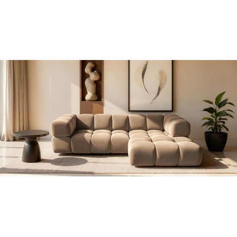 Ecksofa Designersofa BLANCHE in Stoff Bluvel Latte Ottomane Rechts