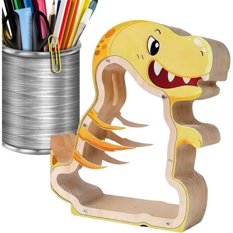 Boîte à monnaie en bois en forme de dinosaure avec fenêtre transparente – 19 cm de haut, cadeau amusant pour les enfants