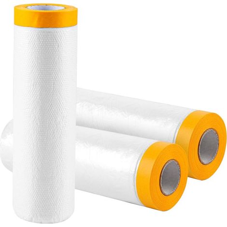 Lot de 3 rouleaux de film de masquage avec ruban adhésif, 270 cm x 20 m, film de protection transparent en polyéthylène avec papier jaune, pour protéger la poussière, peindre les murs de (1/5)