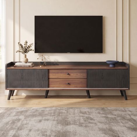 Meuble TV 160x40x58cm avec 2 Portes Coulissantes Rayées et 2 Tiroirs Pieds en Bois Massif Style Moderne Noir et Bois (1/5)
