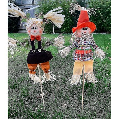 Ensemble de 2 épouvantails décoratifs pour jardin - Paire d'épouvantails fille et garçon (1/5)
