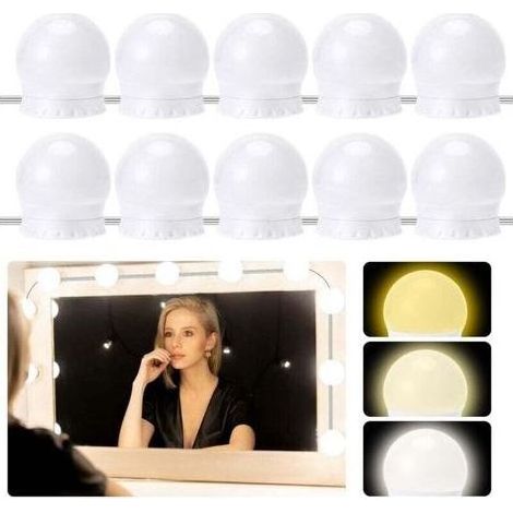 Kit Lumière Miroir LED 10 Ampoules Dimmable 3 Couleurs Lampe Maquillage Coiffeuse Salle De Bain (1/4)