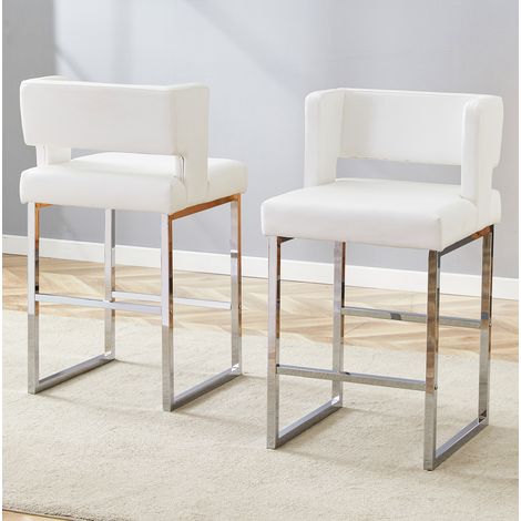 Juego de 2 sillas de bar de diseño nórdico, asiento acolchado cuadrado, patas de metal plateado, PU blanco y plata (1/5)