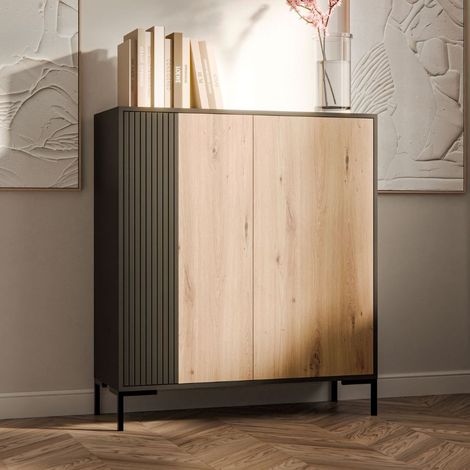 Buffet haut noir et bois L. 100 cm x H. 129 Polo (1/5)