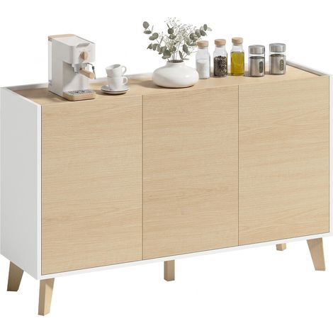 Buffet cuisine, meuble de rangement nordique, 3 portes à fermeture douce, 6 compartiments, bois naturel et blanc (1/5)