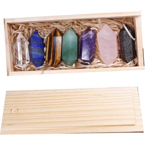 Doppelspitziger Naturkristall-Säulenstab, 7-teiliges Geschenkset in Holzbox, Heilkristallstab für Zuhause, Schlafzimmer, Dekoration, Meditation, Geschenk