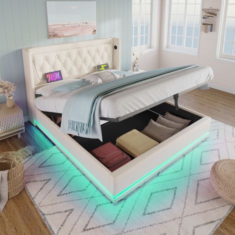 FLORAGRACE Lit coffre 160x200 cm en PU blanc, coffre hydraulique, tête de lit capitonnée avec USB Type-C, LED 3 côtés (1/5)