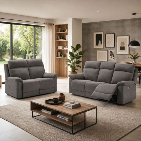 Ensemble Canapés 3P relax élec + 2P fixe tissu Waterproof gris - BRIANA (1/4)