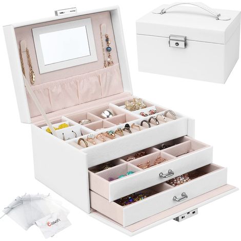 Boîte à Bijoux, Coffret à Bijoux avec Miroir et 2 Tiroirs, Rangement Bijoux Coffret Bijoux Verrouillable de Voyage à 3 Couches, Organisateur de Bijoux pour Colliers, Bagues, Blanc (1/5)