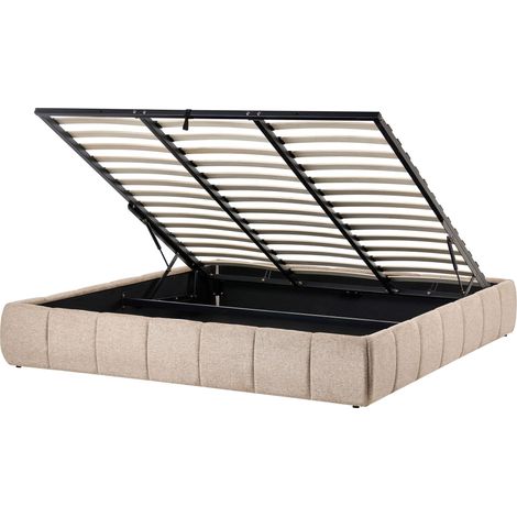 Slatted Bed Frame Beige Fabric Upholstered Ottoman Storage 6ft EU Super King Size Modern Design GENAS