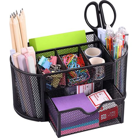 Juego de 1 organizador de escritorio, organizador de escritorio de malla con 8 compartimentos y 1 cajón, ideal para guardar material escolar y de oficina, negro.