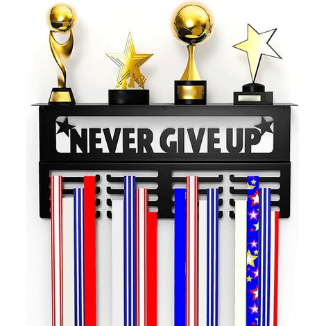 [Porte-medaille mural] Support métallique innovant avec étagère trophée - 4 rangées pour 64 médailles, couleur noir, 1 set complet (40.6x10.2x19.1cm, épaisseur 1.5mm) (1/5)