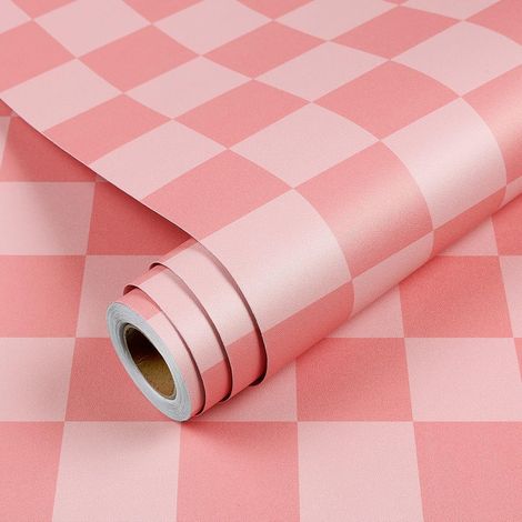 Papier Peint Adhesif Damier Rose 44.5x300cm Papier Peint Autocollant Mural Rose Géométrique pour Chambre de Fille Salon Film Adhesif pour Meubles à Motif Damier Sticker Porte Placard (1/5)