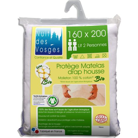 Nuit des Vosges 201911 Coprimaterasso in Mollettone, Cotone Bio Bianco, 100% Cotone, Bianco, 160 x 200 cm (1/3)