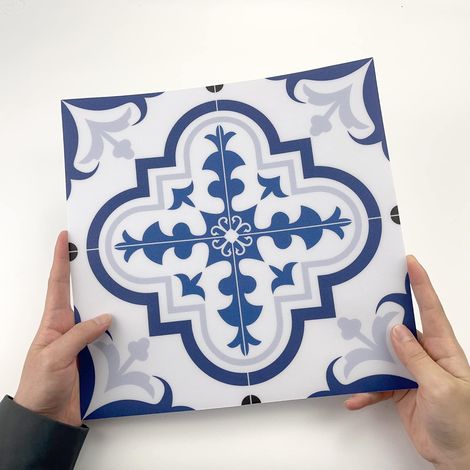 Dalles de sol autocollantes en vinyle PVC imperméable, antidérapant, avec crédence - Autocollant à décoller et coller - 30 x 30 cm - Bleu portugais (1/5)
