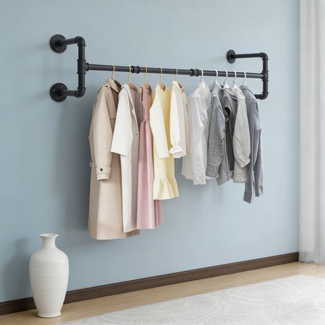 Black Wall Mounted Clothes Rail Tube Industrial Pipe Garment Rack Hanging Hanger
