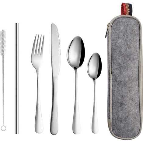Set de Couverts de Table Portable en Acier Inoxydable, Couverts Lunch Box avec Boite a Couvert a Emporter, Couvert Camping Pique Nique, Cuillere Fourchette Couteau Paille Brosse Sac (1/5)
