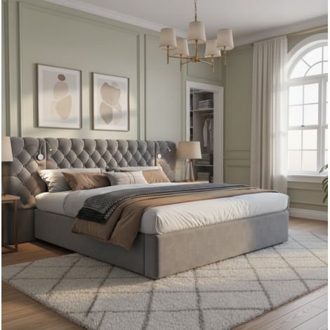 Bett Doppelbett Stauraum 160x200 Samt Grau OKMYHOME (1/5)