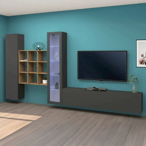 Dmora - Parete attrezzata Arizzano, Set salotto porta TV a 4 ante, Mobile soggiorno multiuso con vetrina e luce LED, 100% Made in Italy, cm 310x30h180, Antracite e Acero (1/5)