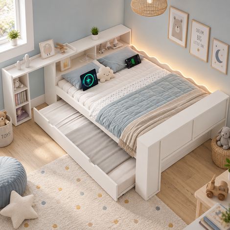 Lit gigogne 140x190 cm avec lit tiroir 90x190 cm, éclairage LED et ports USB, bureau coulissant, tête de lit réversible avec rangement - Blanc (1/5)