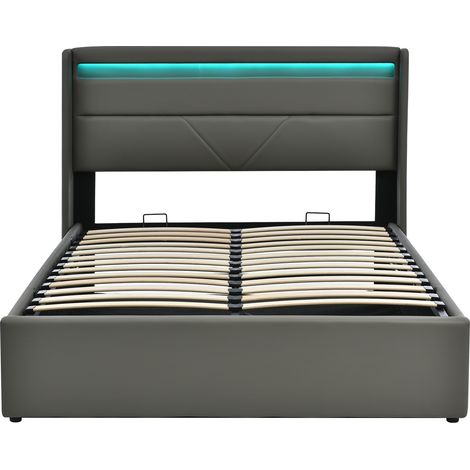 Lit coffre hydraulique avec bande lumineuse LED, lit double, cadre de lit rembourré 160x200 cm, lit fonctionnel, gris (avec télécommande) (1/5)