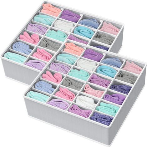 Lot de deux boîtes de rangement pour vêtements et chaussettes, 24 séparateurs de tiroirs, gris (1/4)