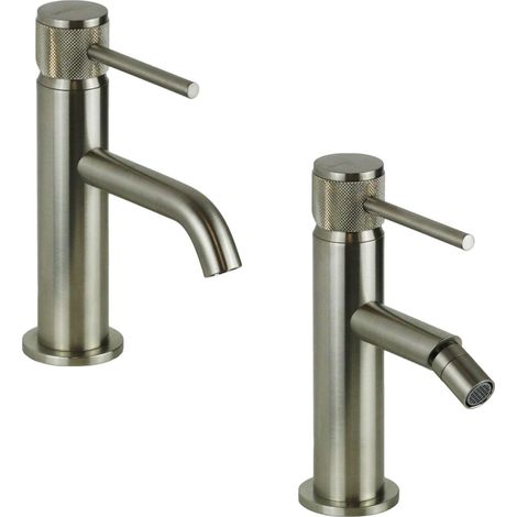 Set miscelatori lavabo e bidet in finitura acciaio spazzolato con maniglia lusso Gattoni Beta KITBETA1NS