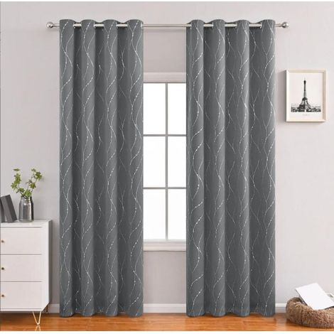 Lot de 2 Rideaux Occultants Isolant Thermique Anti Froid pour Enfant Gris Foncé 140x220cm Rideaux à Oeillets Imprimés Argents (1/5)