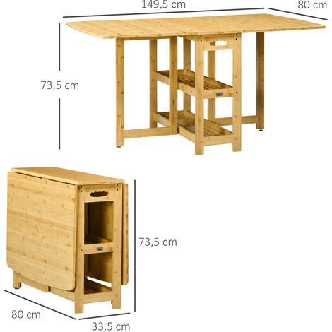 Table à manger escamotable en bambou et bois naturel, table de cuisine avec étagères, pieds ajustables, 149,5 x 80 x 73,5 cm, rangement intégré (1/5)