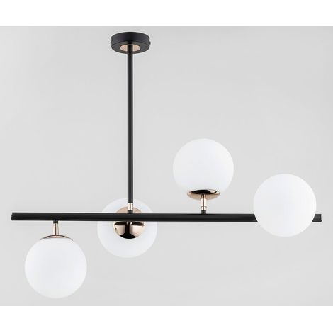 Suspension moderne noir/or, 4 globes verre blanc E14 (1/2)
