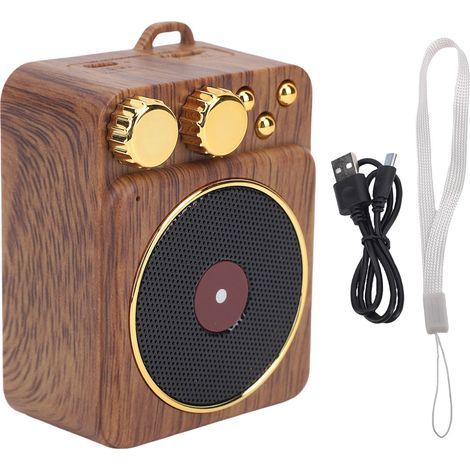 Retro Bluetooth V5.0 Music Speaker, Portable, Wireless, Magnetic Back, Wood Grain, Shiny Metal Buttons (1/5)
