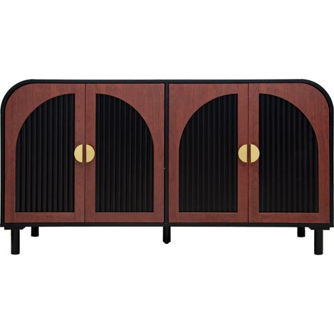 CAIziBuffet rétro, enfilade de 150 cm avec façades cintrées, MDF, 4 portes, étagères réglables, charnières à fermeture douce, pieds en bois, pour salle à manger et entrée