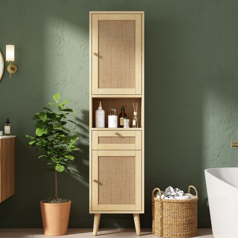 Mobile da bagno alto 166 cm 40x30 cm, ante effetto rattan reversibili, con cassetto, MDF - naturale (1/5)