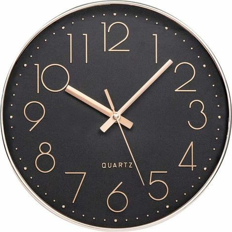Wall clock modern tick-co.ukee silent quartz decorative clock battery operation is easy to read, suitable for room, home, kitchen, bedroom, office, school 12 inch black rose gold (1/4)