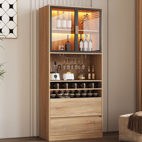 Mobile bagno con ante in vetro e illuminazione LED, 80 x 40 x 180 cm, MDF naturale OKMYHOME (1/5)