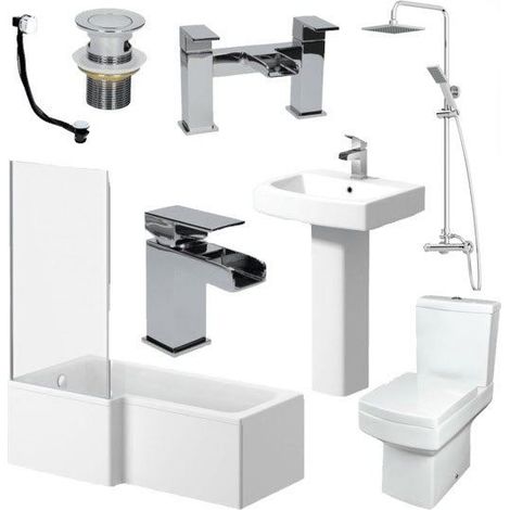 Complete Bathroom Suite 1600 L Shape Bath LH Screen Basin Toilet Taps Shower (1/5)