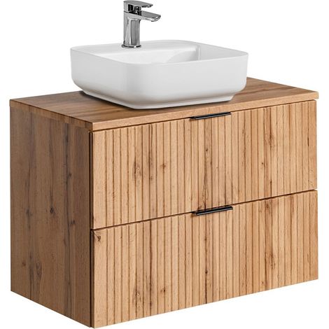 Badmöbel Waschtisch Unterschrank Set Wotaneiche gerillt, 40 cm Keramik-Waschbecken, 2 Softclose-Schubkästen, B/H/T 80,6/73,2/46,5 cm (1/5)