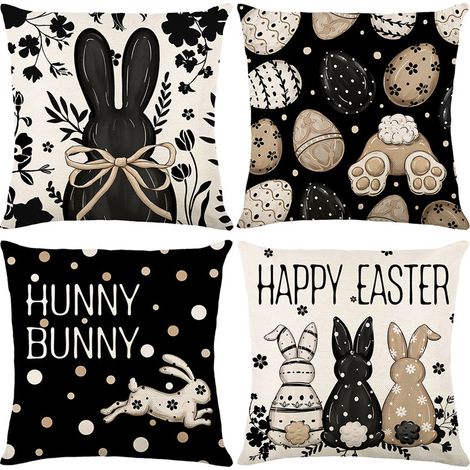 Joyeuses Pâques  Housses de coussin noires à motifs de lapins (lot de 4)  45 x 45 cm  Housses de coussin décoratives avec lapins et œufs de Pâques  Housses de coussin décoratives printanières  Décorat (1/5)