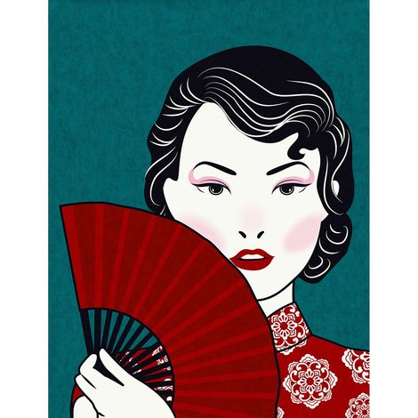 Papier peint panoramique illustration bleu et rouge Tapisserie panoramique femme asiatique Papiers peints panoramiques japonais (1/2)