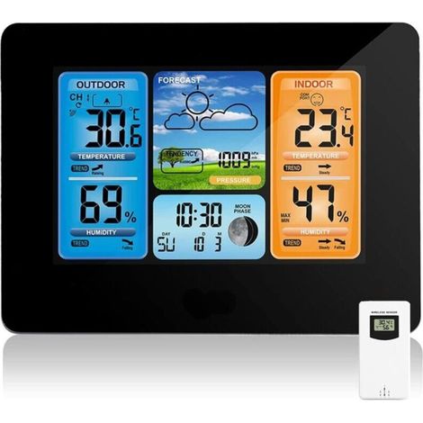 Station Météo sans Fil Station Météo à Prévision Numérique des Couleurs avec Alerte et Température/Humidité/Baromètre/Alarme/Horloge Lunaire/Météo avec Capteur Extérieur (1/5)