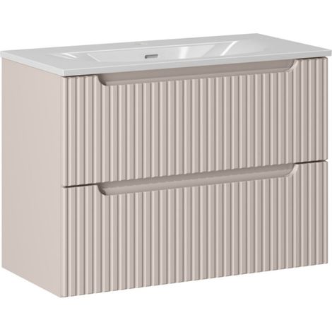 Insieme VANO cashmere e bianco 80cm: mobile sotto lavabo con cassetti scanalati verticalmente + lavabo incassato bianco