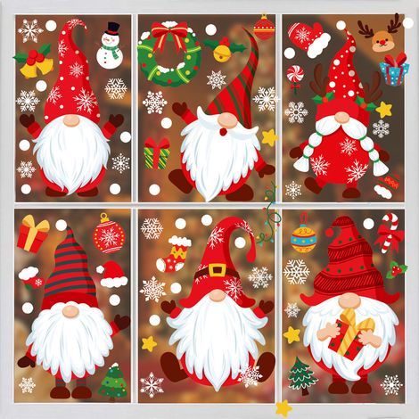 Stickers Noel, Decoration Noel Fenêtre Autocollant Noël Reutilisable,Double Face Amovibles DIY Fenêtres Stickers, Nains Renne Père Noël Flocon de Neige PVC Stickers, 9 Feuilles,104Pcs, 2030cm (1/2)