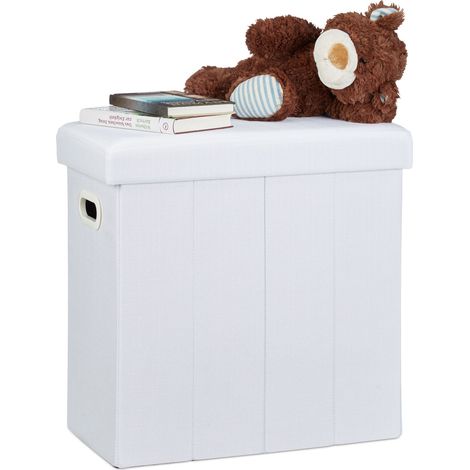 Relaxdays Foldable Stool, HxWxD: 49.5 x 46 x 25.5 cm, with storage space, handles, linen, polyester, MDF, white