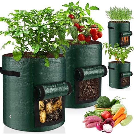 4 Pièces Sac Plantation Pommes Terre avec Fenêtre & Poignées, 10 Gallons Sacs Culture Plantes Respirant, Récipient Légumes Réutilisables pour Fruits, Fleurs, Tomates, Carottes, Fraises - (1/5)