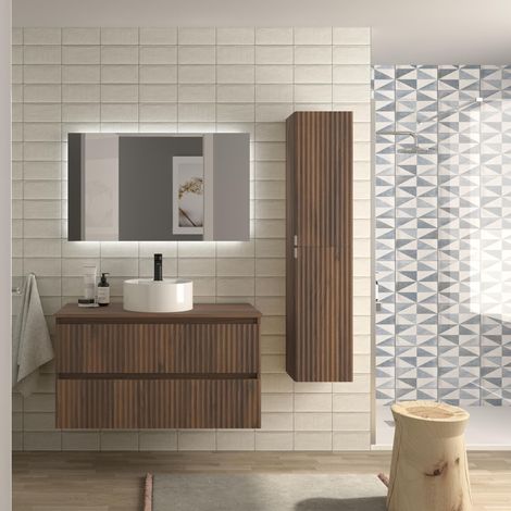 Mueble de Baño KIRA 100cm Nogal 2 cajones Lavabo sobre encimera 1 poza Porcelana (1/5)