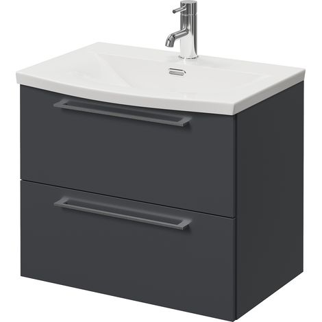 Napoli 390 Gloss Grey 600mm Wall Mounted 2 Drawer Vanity Unit with Arc Basin - 600mm - Chrome 320mm Handle