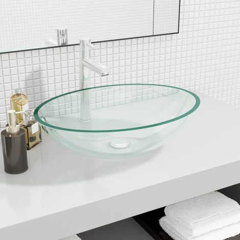 Vasque lavabo avec Trou/ Verre 50x37x14 cm Transparent-Lave-Mains Évier (1/5)
